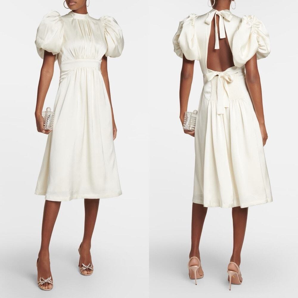 ROTATE Noon Puff Sleeve Open Back Midi Dress Satin Bridal NWT 2